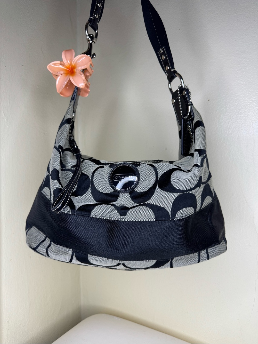 Coach Black & Gray Signature Canvas Shoulder Bag with Leather Trim